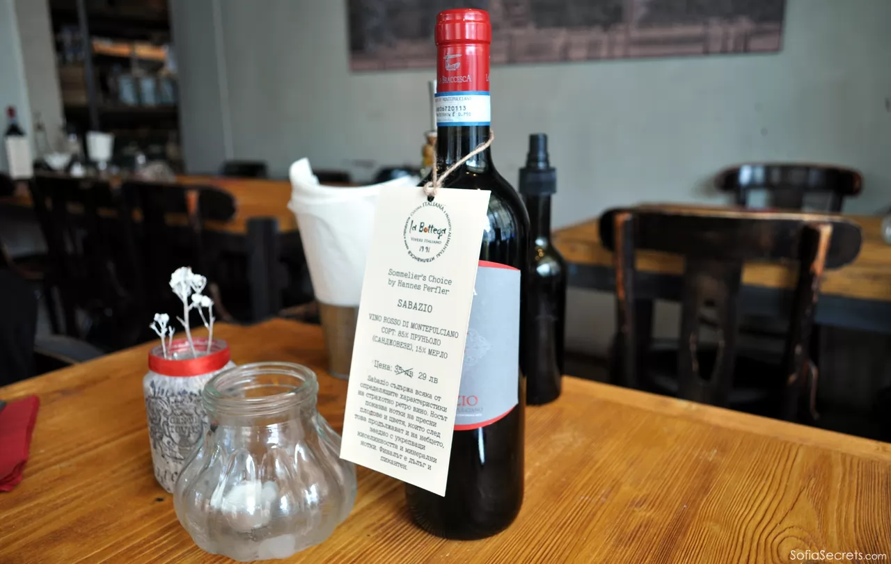 Bottle of recommended wine in Botega, Centro restaurant Sofia
